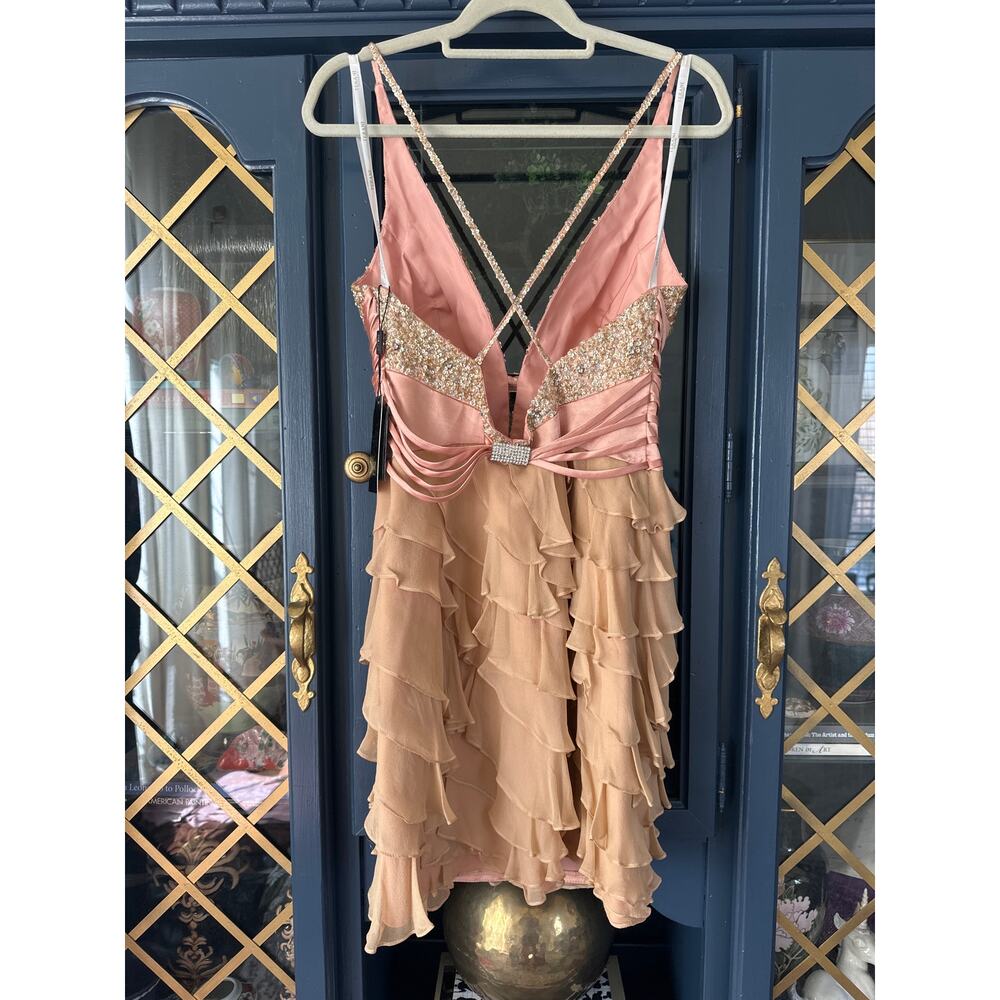 NWT Terani Couture Silk Beaded Ruffled Rhinestone cocktail dress nude pink sz 12 - Picture 4 of 8
